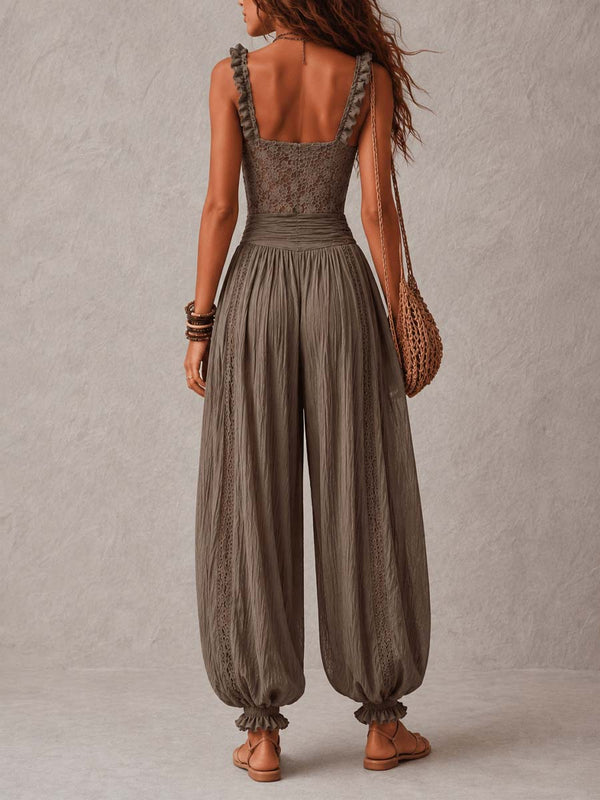 Wanda | Grey Jumpsuit with Lace, Bandeau, and Pleated Sarouel Pants
