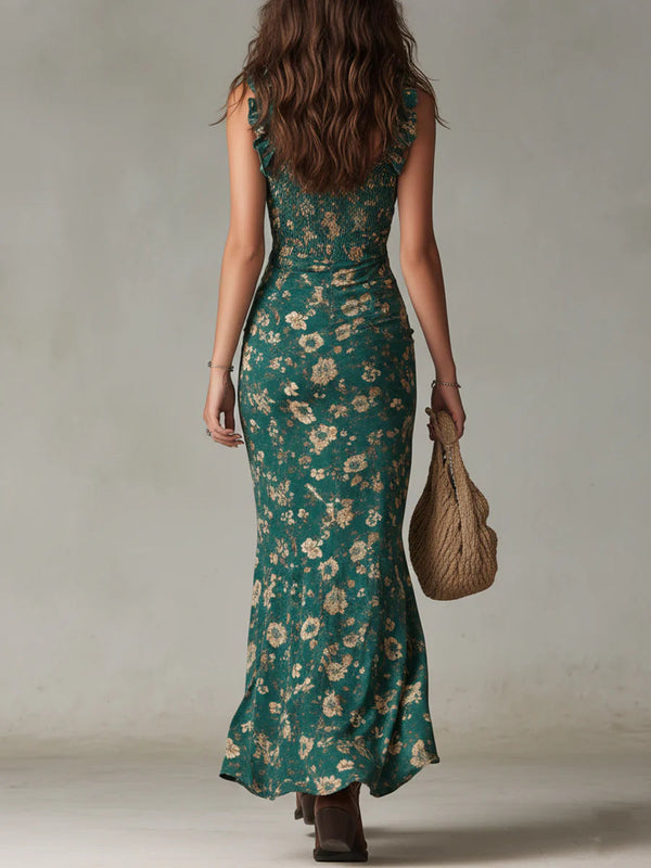 Garance | Green Boho Print Maxi Dress with Ruffle Sleeves