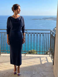 Romy | Midi Dress with Draped Neckline and Fitted Skirt