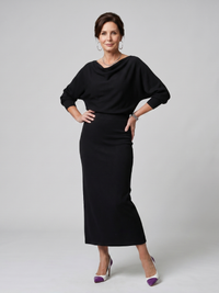 Romy | Midi Dress with Draped Neckline and Fitted Skirt