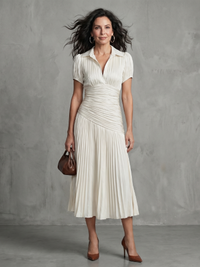 Theodora | Striped Midi Dress with Pleated Waist