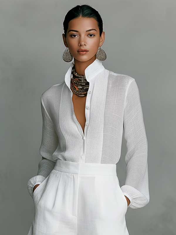 Rozenn | Linen Set with Mandarin Collar Shirt and Shorts