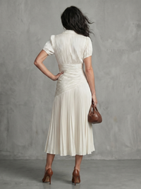 Theodora | Striped Midi Dress with Pleated Waist