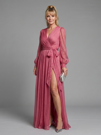 Meredith | Sheer Airy Wrap Maxi Dress with Long Sleeves
