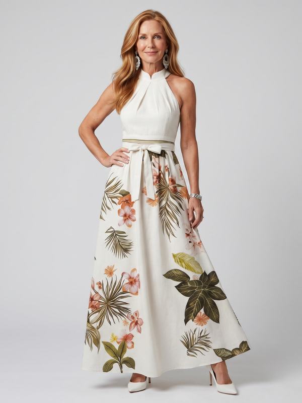 Meadow | Draped Halter Maxi Dress with Botanical Panels