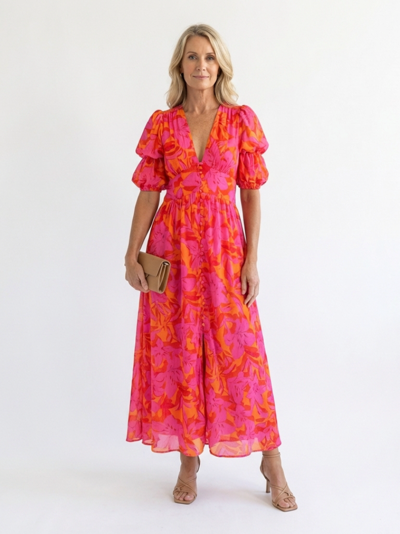 Violet & Grace | Floral Midi Dress with V Neckline and Puff Sleeves