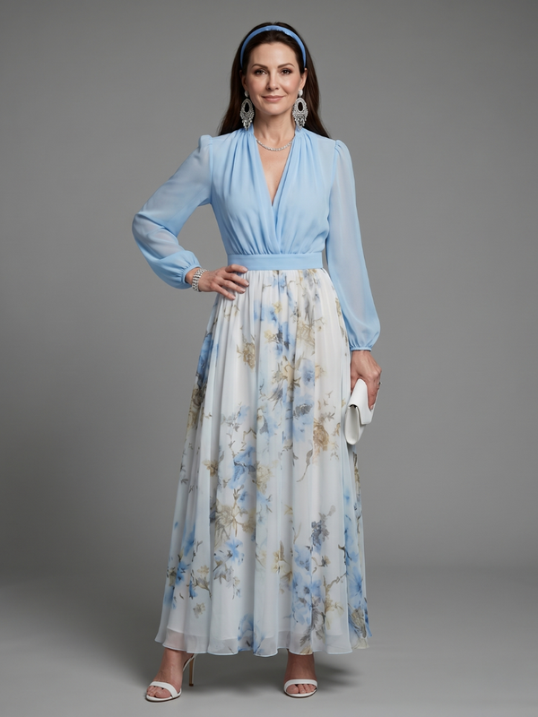 Augusta | Floral Maxi Dress with V Neckline and Sheer Bodice