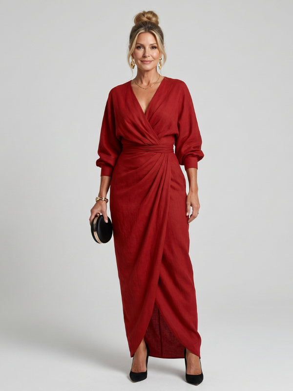 Fable | Wrap Midi Dress with Long Sleeves and Overlapping Skirt