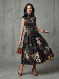 Greta | Pleated Floral Midi Dress with High Neck and Keyhole Cutout