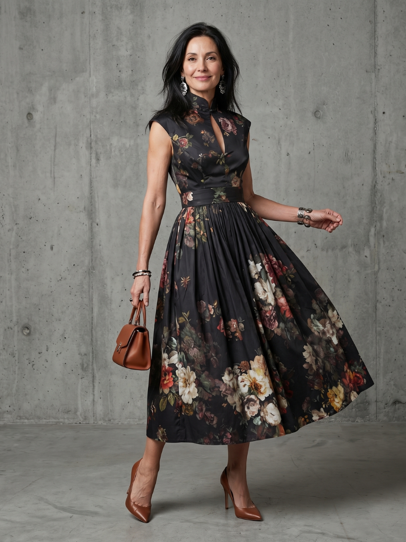 Greta | Pleated Floral Midi Dress with High Neck and Keyhole Cutout