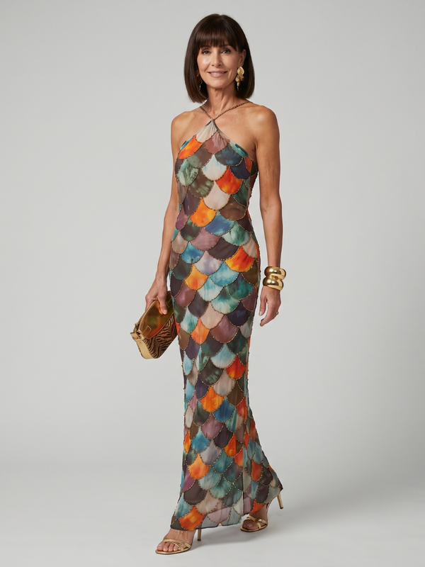 Larkin | Fitted Multicolor Maxi Dress with Scale Print