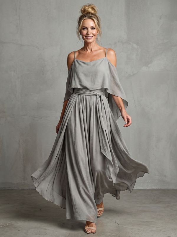 Marisol | Set with Tiered Draped Off-Shoulder Top and Wide-Leg Trousers