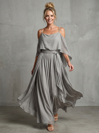 Marisol | Set with Tiered Draped Off-Shoulder Top and Wide-Leg Trousers