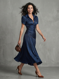 Theodora | Striped Midi Dress with Pleated Waist