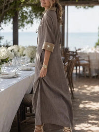 MAREN | TAUPE STRIPED LINEN-BLEND MAXI DRESS
