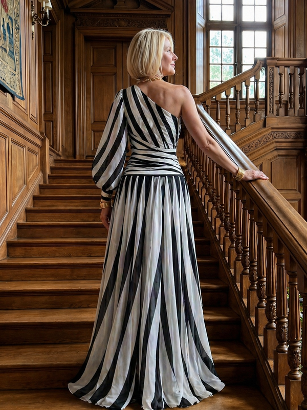 Violet & Grace | Elegant One-Shoulder Striped Maxi Dress