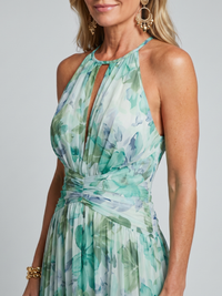 Portia | Pleated Halter Midi Dress with Soft Floral Pattern
