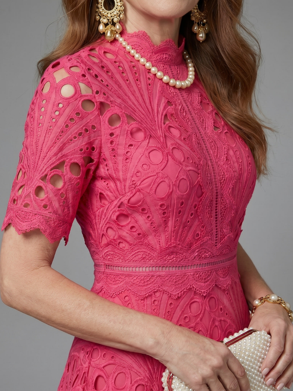 Juno | Midi Dress with Short Sleeves, Eyelet Lace, and Fitted Waist