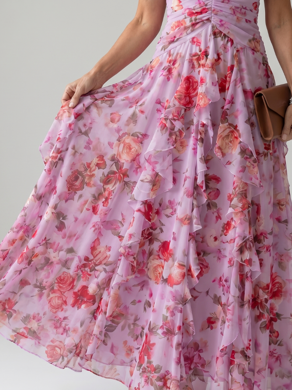 Nori | Floral Maxi Dress with Halter Neckline and Ruched Bodice