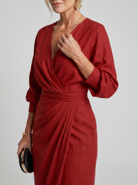 Fable | Wrap Midi Dress with Long Sleeves and Overlapping Skirt