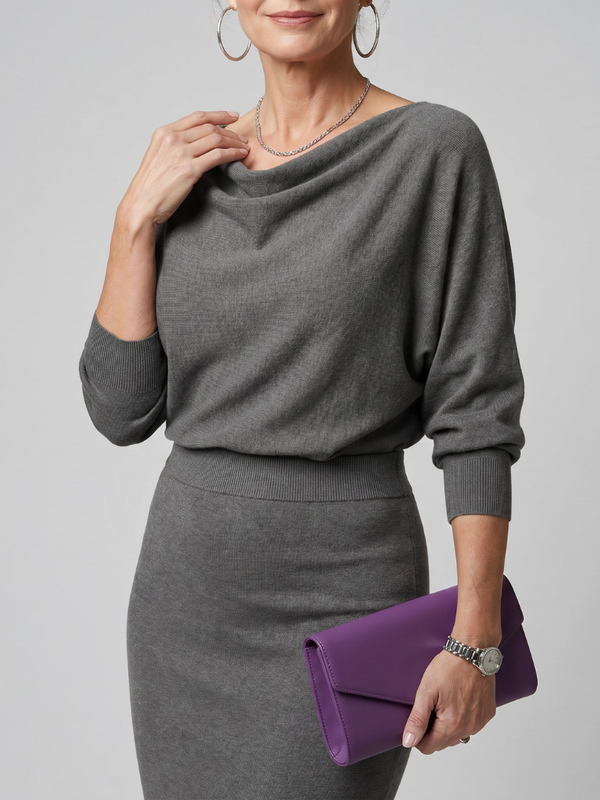 Romy | Midi Dress with Draped Neckline and Fitted Skirt