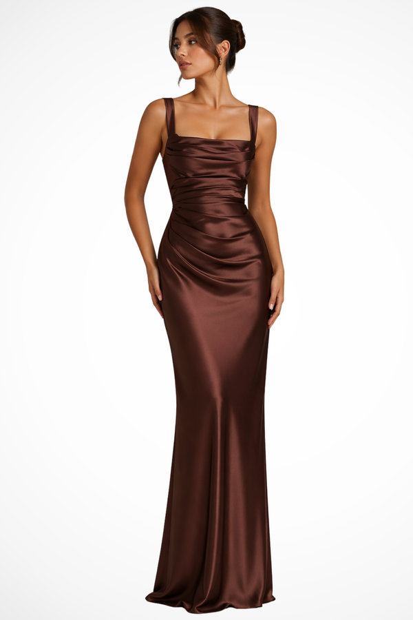Vivienne | Women Square Neck Ruched Satin Maxi Wedding Guest Dress