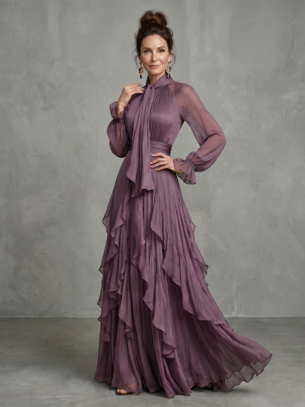Demetria | Tiered Maxi Dress with Tie Neck and Ruffles