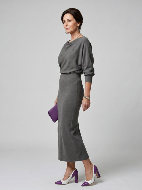 Romy | Midi Dress with Draped Neckline and Fitted Skirt