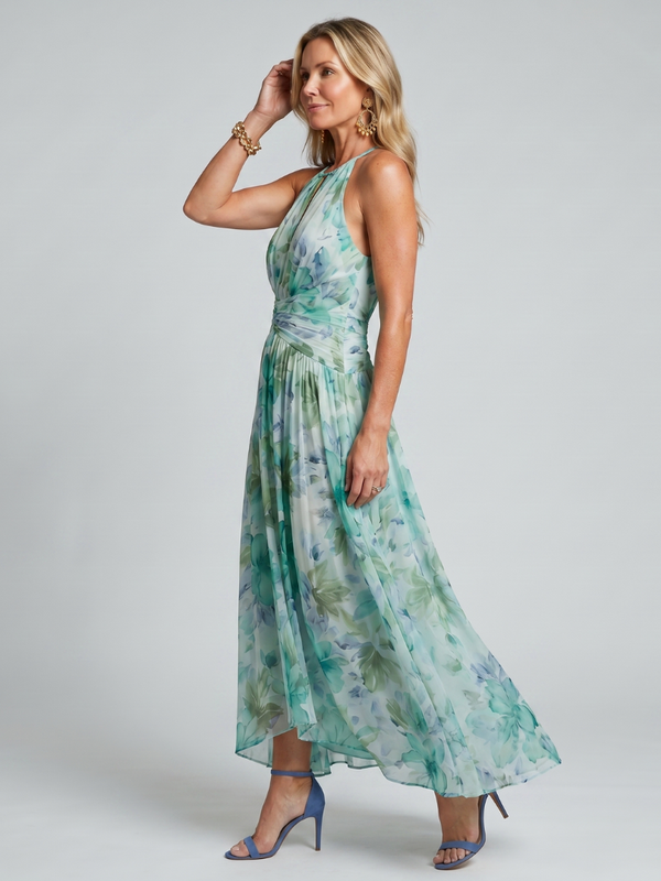 Portia | Pleated Halter Midi Dress with Soft Floral Pattern