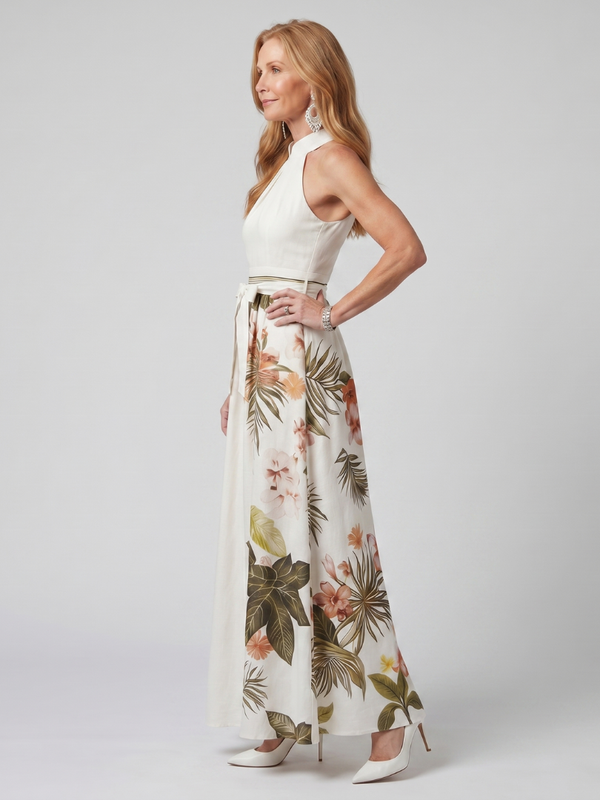 Meadow | Draped Halter Maxi Dress with Botanical Panels