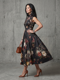 Greta | Pleated Floral Midi Dress with High Neck and Keyhole Cutout