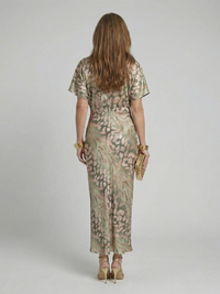Violet & Grace | Abstract Print Midi Dress with V Neckline and Twist Waist