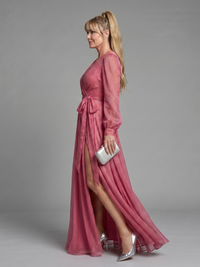 Meredith | Sheer Airy Wrap Maxi Dress with Long Sleeves