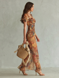 Ciel | Midi Dress with Ruffle Sleeves, Ruching, and Slit