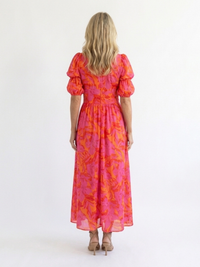 Violet & Grace | Floral Midi Dress with V Neckline and Puff Sleeves
