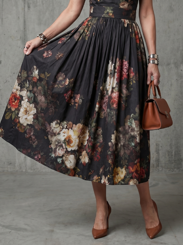 Greta | Pleated Floral Midi Dress with High Neck and Keyhole Cutout