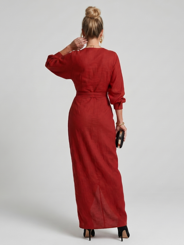Fable | Wrap Midi Dress with Long Sleeves and Overlapping Skirt