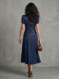 Theodora | Striped Midi Dress with Pleated Waist
