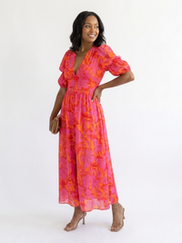 Violet & Grace | Floral Midi Dress with V Neckline and Puff Sleeves