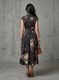 Greta | Pleated Floral Midi Dress with High Neck and Keyhole Cutout