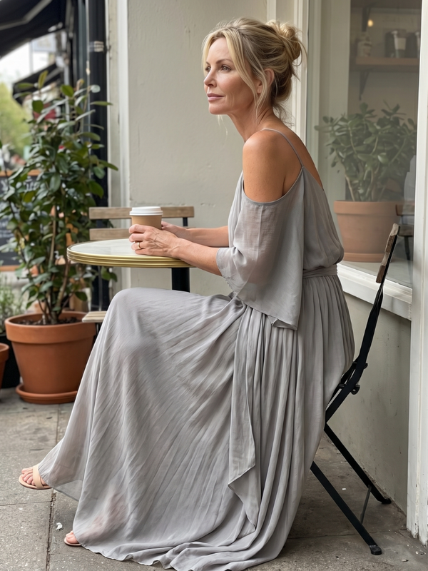 Marisol | Set with Tiered Draped Off-Shoulder Top and Wide-Leg Trousers