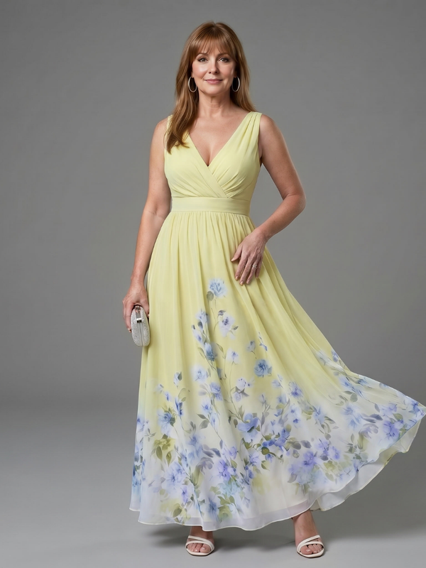 Clarissa | Sleeveless Midi Dress with V Neckline and Soft Floral Hem