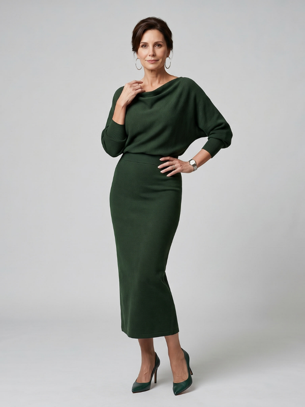 Romy | Midi Dress with Draped Neckline and Fitted Skirt