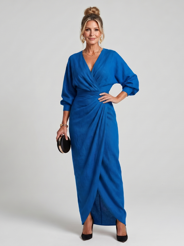Fable | Wrap Midi Dress with Long Sleeves and Overlapping Skirt