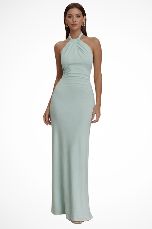 Bronte | Women Halter Neck Twisted Knot Open Back Bodycon Wedding Guest Maxi Dress