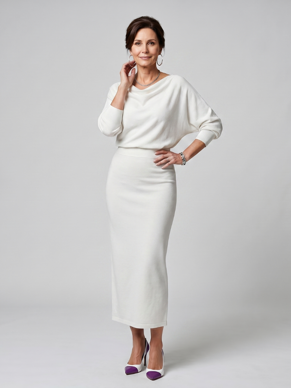 Romy | Midi Dress with Draped Neckline and Fitted Skirt