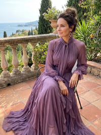 Demetria | Tiered Maxi Dress with Tie Neck and Ruffles