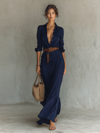 Séverine | Maxi Dress with Notch Collar and Long Sleeves