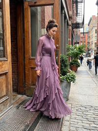 Demetria | Tiered Maxi Dress with Tie Neck and Ruffles