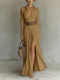 Constance | Long Maxi Dress with Notch Collar and Long Sleeves